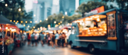 Blurred outdoor food market scene with food truck and many people