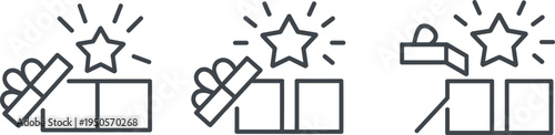 Gift box surprise vector illustration, celebration reward design, festive star icon, special offer graphic art, excitement symbol outline, promotional concept