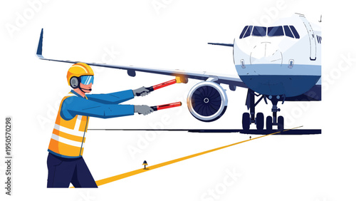 Aviation Guide: A ground crew member guides a large passenger airplane with orange wands.