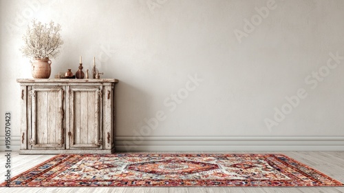 Rustic wooden cabinet displays decor next to an antique patterned rug.