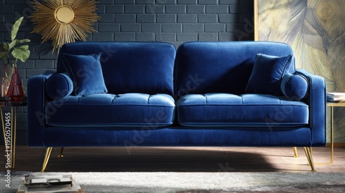 Plush blue sofa with golden legs in a stylish room.