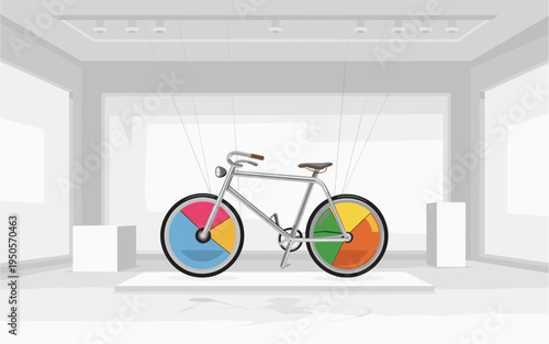 A minimalist vector illustration of a bicycle with colorful wheels in a modern white room