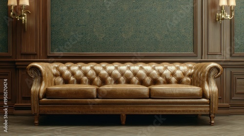 Elegant brown leather Chesterfield sofa sits in a wood-paneled room.