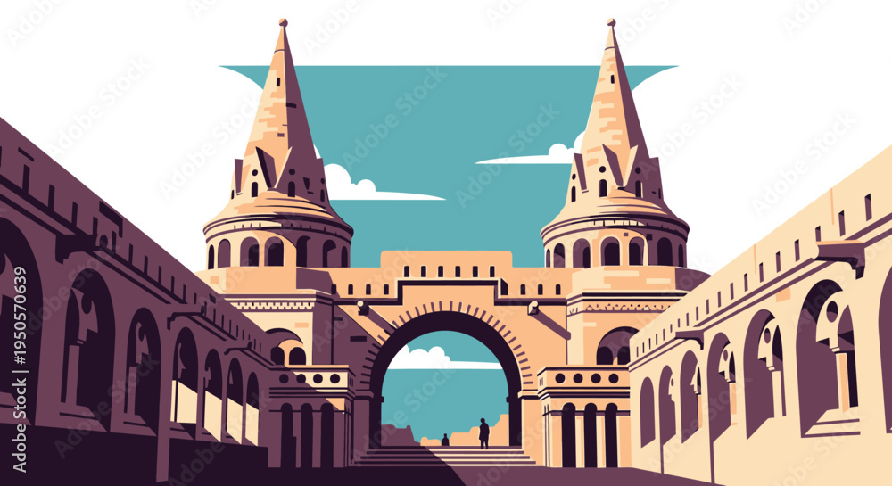 Obraz premium Elegant Vector Illustration of Historic Fisherman Bastion Architecture with Twin Spires