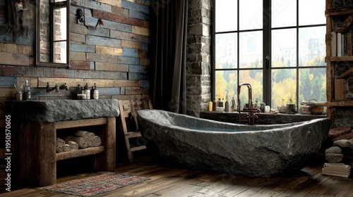 Rustic bathroom features stone tub, wood walls, and large window view.