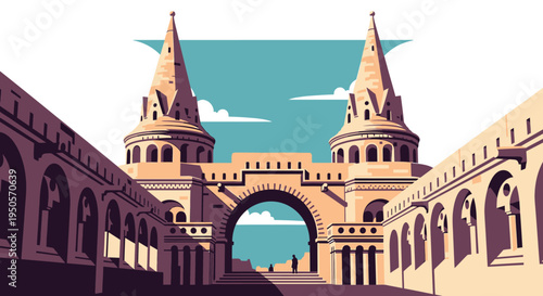 Elegant Vector Illustration of Historic Fisherman Bastion Architecture with Twin Spires