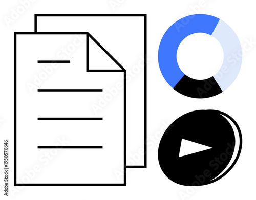 Business analysis, reporting, data presentation, multimedia content, content sharing, corporate reports. A document, pie chart and media play button icon. Business analysis and reporting