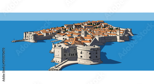 Historic European Seaport Town with Red Roofs and Blue Water