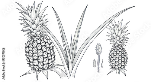 Botanical Illustration of Pineapples and Plant Anatomy