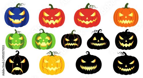Collection of Spooky Halloween Jack-o'-lanterns with Scary Faces
