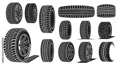 Collection of Various Car Tires and Wheels, Tread Patterns, Isolated