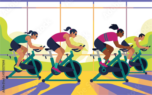 A vibrant illustration of diverse women cycling on green exercise bikes in a modern fitness studio with large windows.