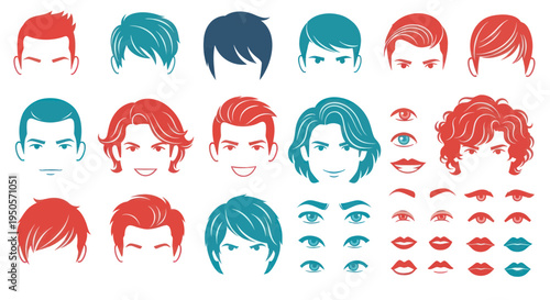 Diverse Male Hairstyles and Facial Features - Vector Illustration