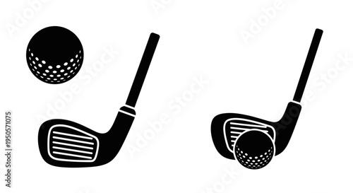 Golf Club and Ball Icon Set - Black Silhouette on White Background