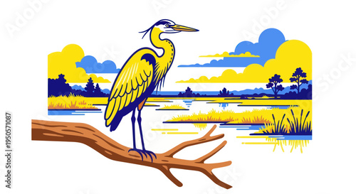 Great Blue Heron perched on a branch overlooking a marsh landscape