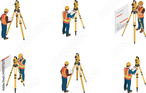 Isometric construction surveyor workers using theodolite tripod equipment for land surveying and site measurement engineering illustration isolated on white