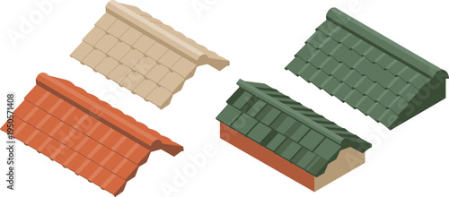 Isometric roof tile set with ceramic and clay roofing materials in different colors architectural building elements isolated on white
