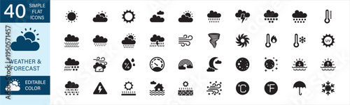 Weather & Forecast icon set. Flat icon. Containing symbol of sun, moon, clouds, rain, temperature, thunder, storm, flood, blizzard, humidity, sky, hurricane, rainfall, hail, fog, drought, barometer.
