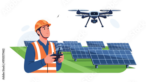 Drone Operator and Solar Panel Inspection: An engineer meticulously controls a drone, conducting a detailed inspection of an expansive solar panel installation.