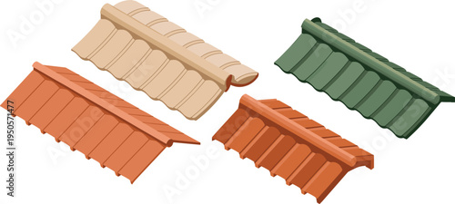 Isometric roof tile set with ceramic and clay roofing materials in different colors architectural building elements isolated on white