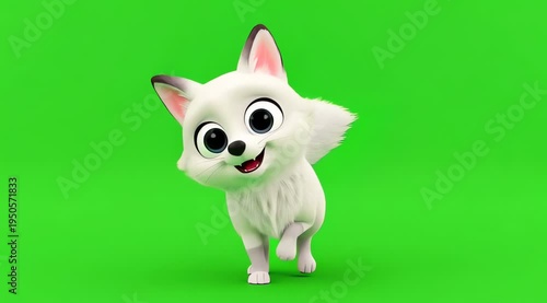 Cute White Arctic Fox Dance Cartoon Character on Green Screen