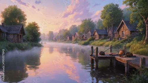 Tranquil lakeside village at sunrise watercolor painting of nature