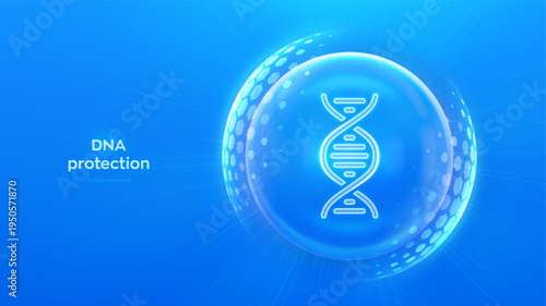 DNA protection. Genetic protection, genetic data protection concept. Secure genome, genetic privacy, biotechnology safety. DNA icon inside protective sphere shield with hexagonal pattern. Vector.