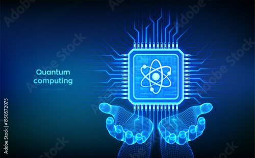 Quantum chip in hands. Quantum processor with qubit superposition. Quantum computing technology. AI. Artificial intelligence. High-speed calculations. Revolutionary algorithms. Vector illustration.