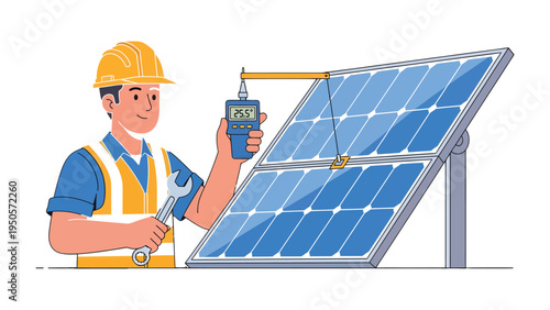 Solar Panel Technician at Work: An electrician meticulously inspects a solar panel, showcasing dedication to renewable energy and sustainable practices.