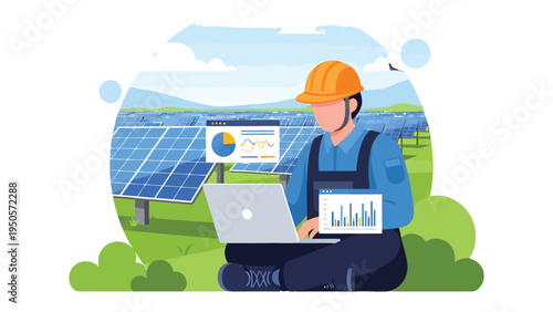 Solar Energy Technician: A dedicated technician diligently monitors a solar panel array using a laptop, embodying the forefront of sustainable energy solutions and innovation. 