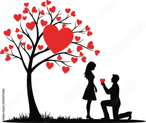 A man proposing to a woman under a tree with hearts