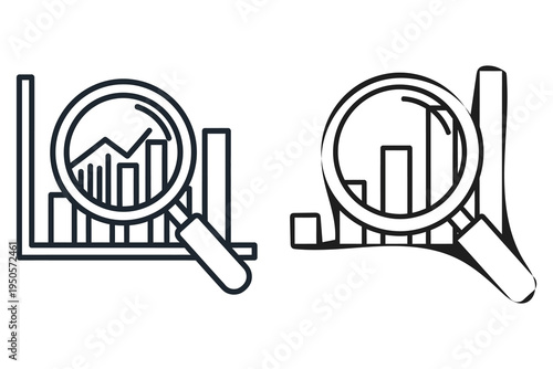 Magnifying glasses inspecting bar graphs and charts for data analysis