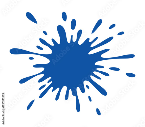 Vibrant blue ink or paint splat with irregular edges and radiating droplets on a clean white background.