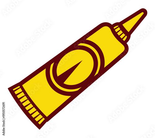 A vibrant yellow squeeze tube with a brown outline and a distinctive circular design, likely containing a condiment or adhesive.