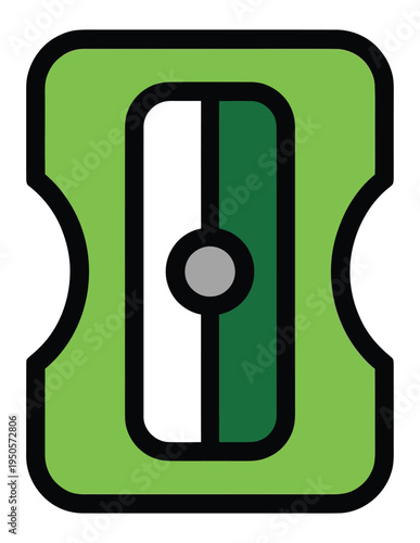 Stylized green pencil sharpener with a black outline and a white and dark green center, featuring a grey blade pivot.
