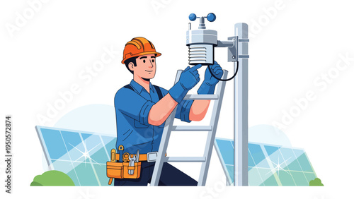 Solar Energy Technician: An expert technician diligently installs weather monitoring equipment atop a solar panel array, illustrating precision, sustainable energy, and technological innovation.