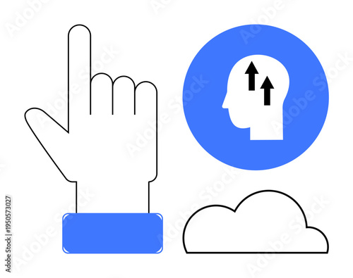 Mindfulness concept. Mindfulness with a head icon, arrows, cloud, and hand gesture, reflecting focus and clarity. Mindfulness for personal growth, education, self-improvement motivation