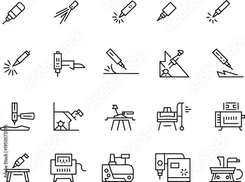 Industrial manufacturing icon set illustration, fabrication tool graphic, welding machine symbol, CNC equipment design element, robotic arm art, precision cutting image