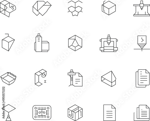 Manufacturing engineering icons, CAD design illustration, CNC machine graphic, 3D modeling symbol, industrial production concept, mechanical documentation artwork, technology innovation design
