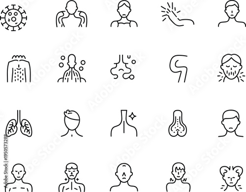 Medical symptom icon set illustration, healthcare graphic, illness symbol design element, virus logo art, patient condition image, respiratory disease representation