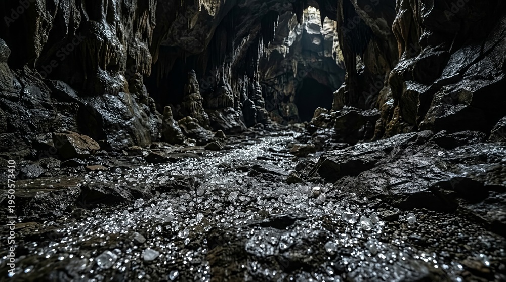 Fototapeta premium Mysterious cave passage with glistening formations and rocky floor
