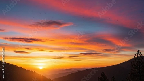 Vibrant sunset over mountain range with colorful sky and silhouettes