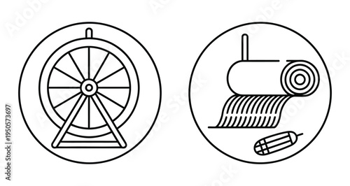 Two line art icons depicting a spinning wheel and an industrial process of rolling material, possibly fabric or paper, with a bobbin.