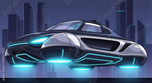 Futuristic silver flying car with blue neon lights hovering above cityscape on transparent background