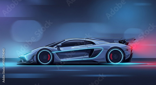 Silver sports car with neon lights on a dark background on transparent background