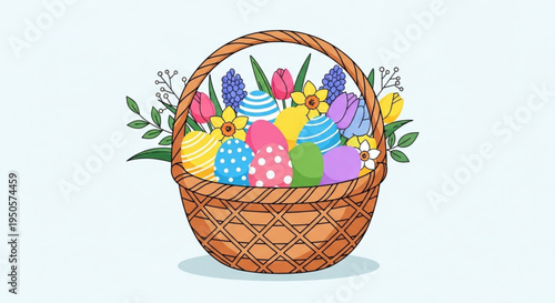 Colorful easter eggs in a wicker basket with flowers on transparent background