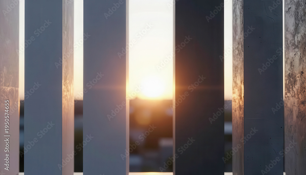 Obraz premium vertical columns silhouetted against a setting sun. The sun creates a warm glow behind the columns, enhancing the sunset scenery.