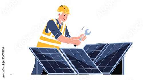 Solar Panel Installation: An industrious worker, clad in safety gear, meticulously installs solar panels under the radiant glow of the sun.