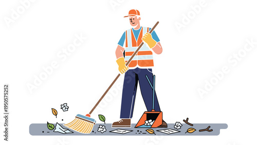 The Janitor at Work: An essential worker diligently sweeps the street. Keeping public areas clean, preserving public space and beautifying surroundings.
