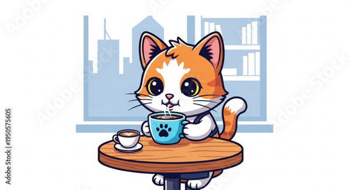 Cute orange cat sitting with coffee cup on small wooden table on transparent background